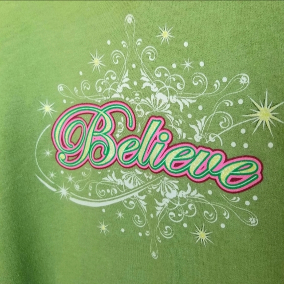 GREEN Christmas Holiday BELIEVE Sweatshirt Long Sleeve (Womens L) Glitter Logo - Picture 2 of 6